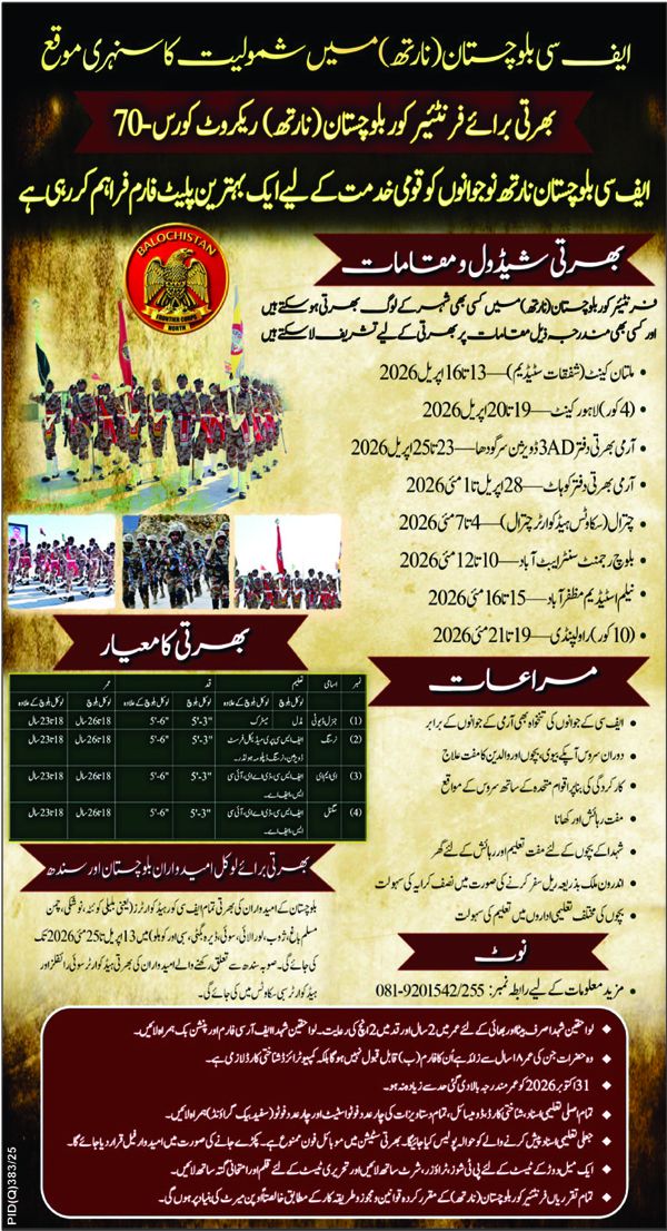 Frontier Corps FC South Balochistan Recruitment 2026 Batch 77 Official Advertisement