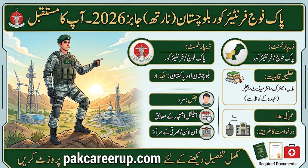 Pak Army FC Frontier Corps Balochistan North Jobs 2026 details table including department, eligibility, education, and apply method pakcareerup.com