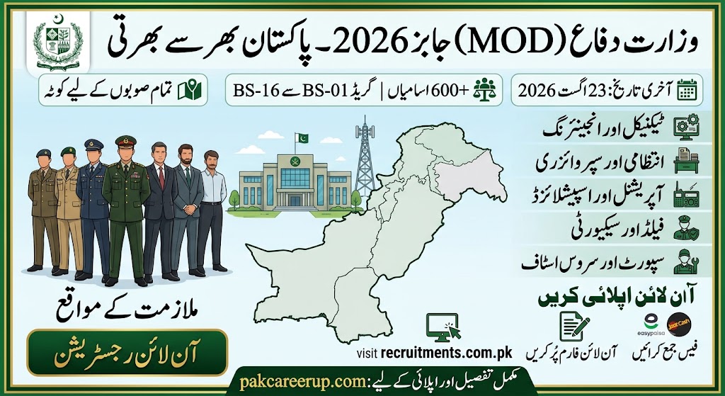 Ministry of Defence MOD Jobs 2026 advertisement banner showing 600 vacancies from BS-01 to BS-16, last date 23 August 2026, and online application details at pakcareerup.com